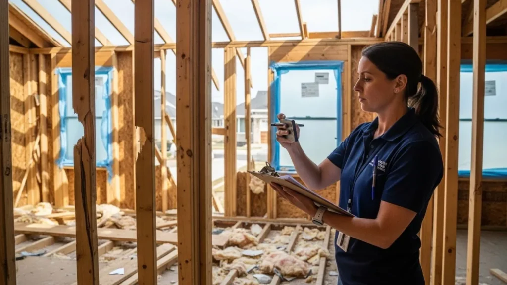 adjuster inspecting construction site damage