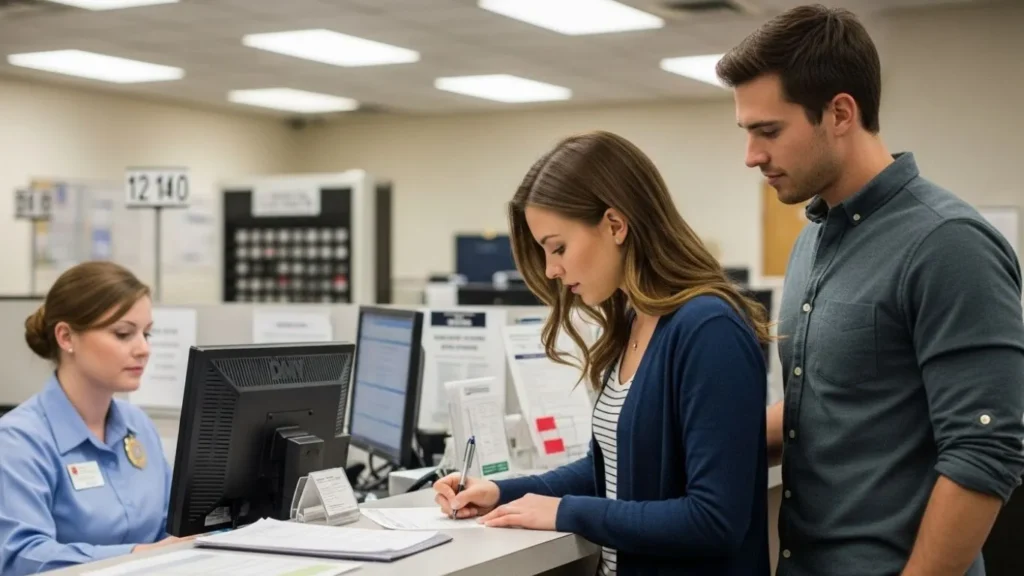 couple signing DMV paperwork