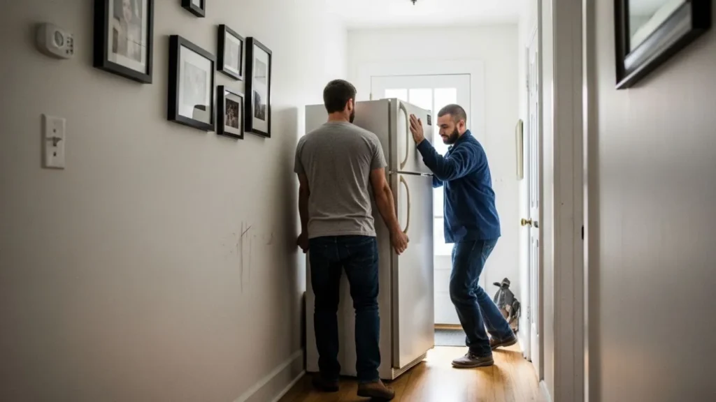 workers carrying heavy refrigerator hallway
