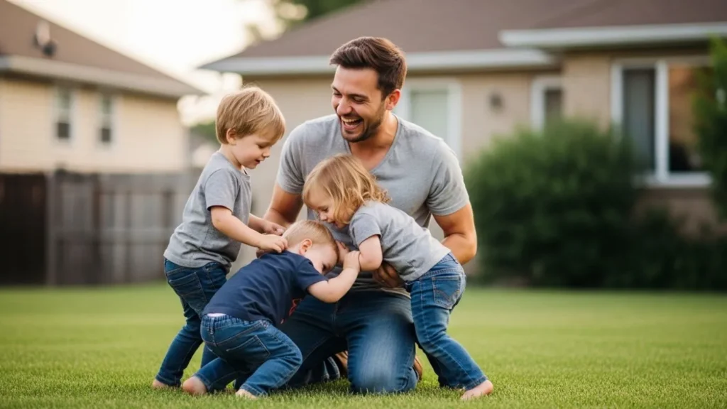 father protecting young family outdoors