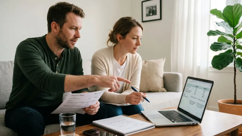 Couple comparing insurance quotes