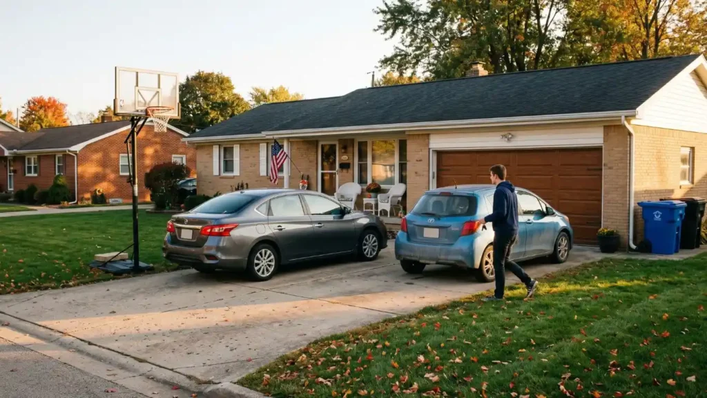 Two cars parked suburban driveway