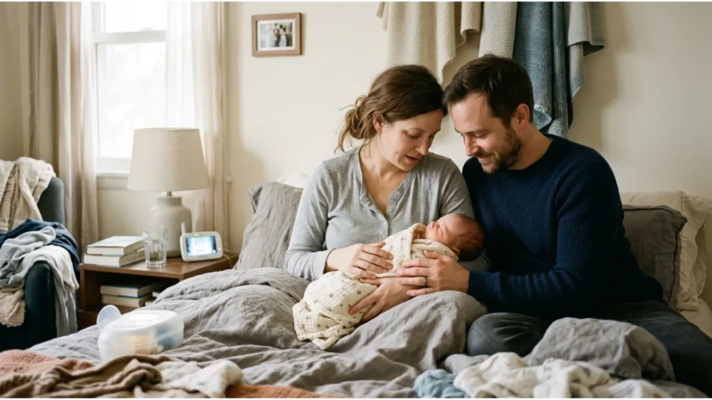 New parents holding baby