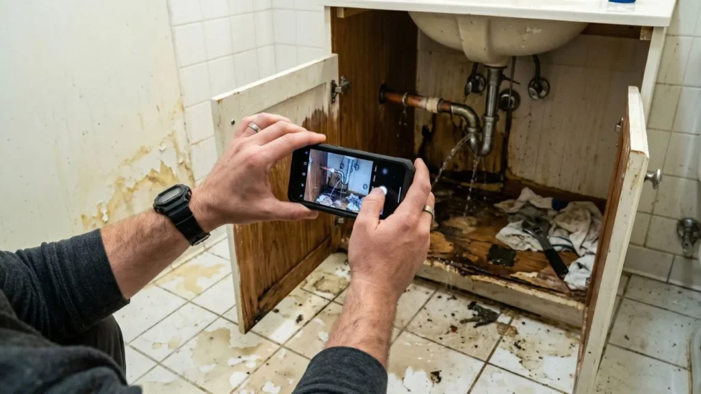 Man photographing apartment water damage