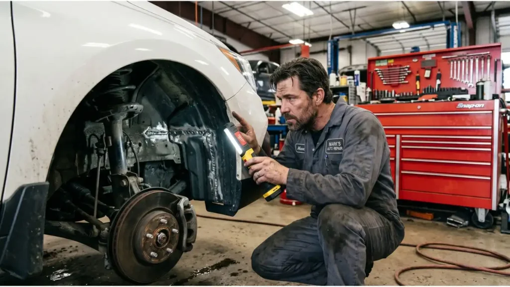 Mechanic inspecting rebuilt frame