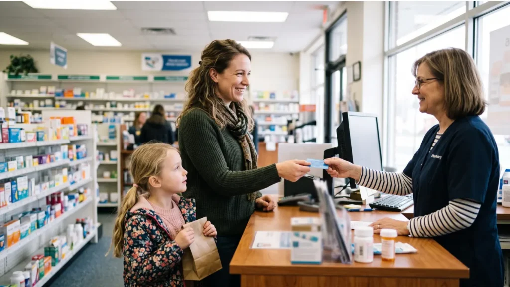 Mother handing pharmacist insurance card
