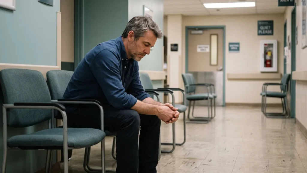 man reflecting hospital waiting room